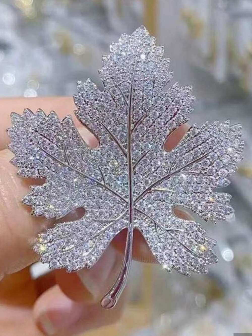 Maple Silver Crystal Leaf Brooch